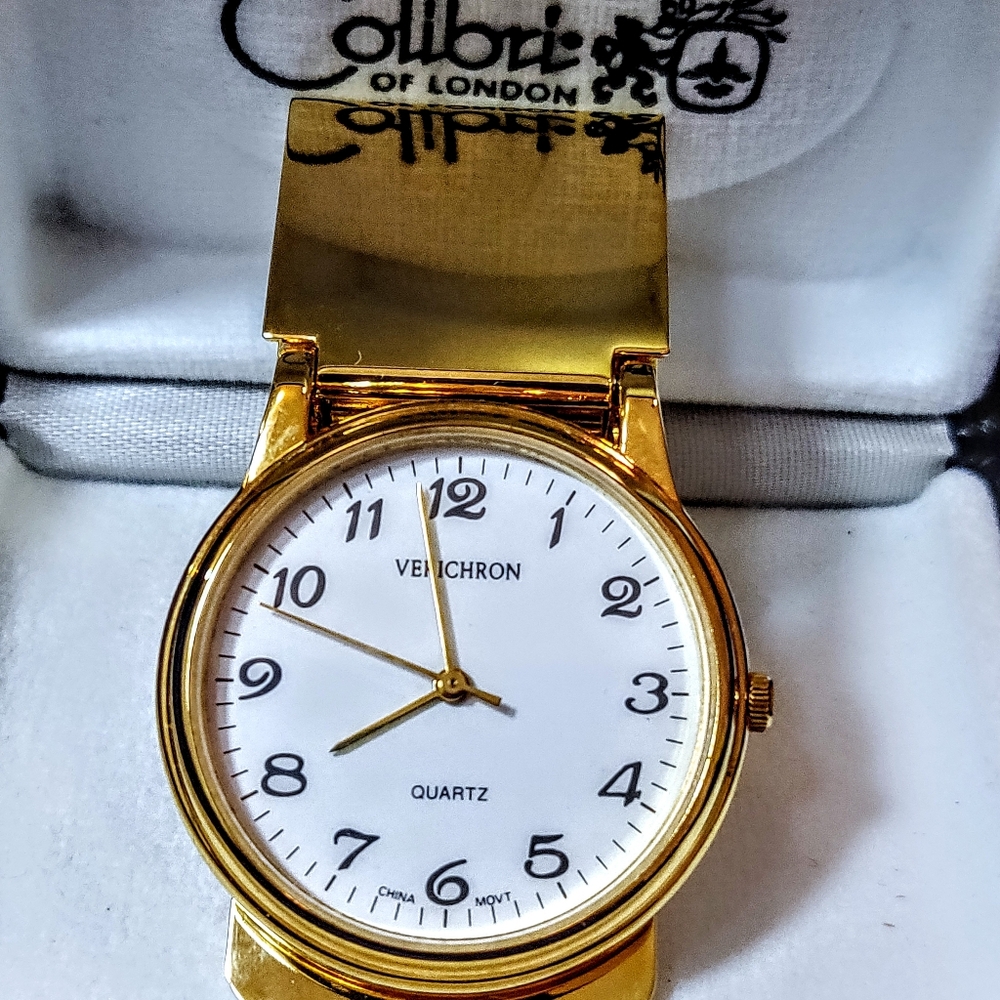 Vehchron clip-on men's gold tone watch